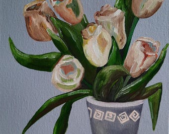 Pintura a óleo original de tulipas, obra de arte floral de natureza morta, pintura de tulipas com espátula, decoração botânica de parede, presente para amantes de flores.