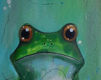 Ölgemälde „Grüner Frosch“, Original-Tierkunstwerk, Niedliches Frosch-Wandbild, Verspielte Amphibienkunst, Miniaturgemälde (6x8 Zoll)