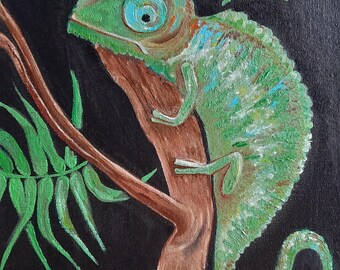 Chameleon painting ORIGINAL, Realistic exotic wildlife oil