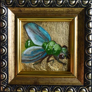 Green Fly Miniature Oil Painting Framed, Insect Wall Art, Gold Leaf Fly Painting, Tiny Bug Artwork, Bug Lover Gift, Entomologist Gift