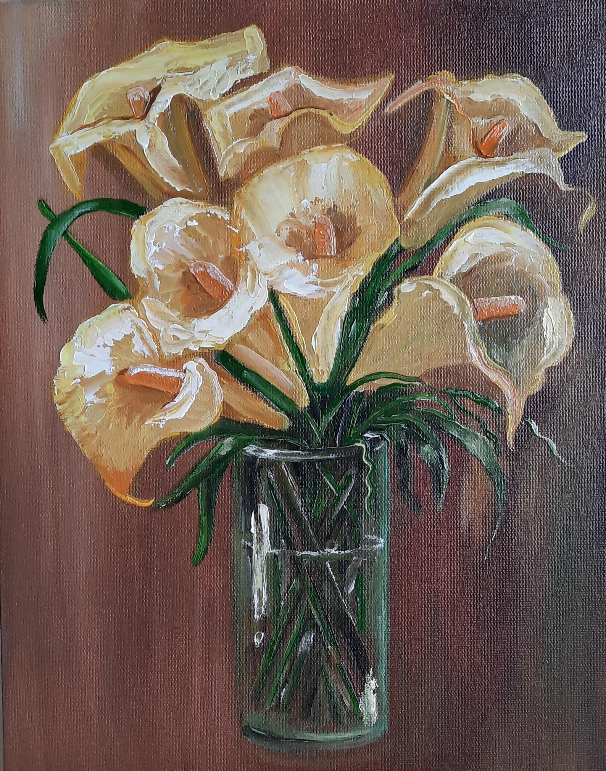 Calla Lily Painting, Original Floral Artwork, Yellow Flowers in Vase, Botanical Wall Art, Small Canvas Painting 8x10, Gift for Flower Lover