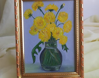 Oil painting with yellow dandelions, still life with flowers, handmade