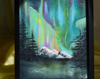 Northern Lights Oil Painting Original, Aurora Borealis Wall Art, Framed Forest Landscape, Miniature Night Sky Painting, Art Gift 8x12