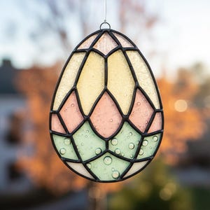 May include: Stained glass egg-shaped suncatcher with a black metal frame. The egg features sections of pastel colors: yellow, pink, and green. The glass has a textured, bubbly appearance. A small metal loop is at the top for hanging.
