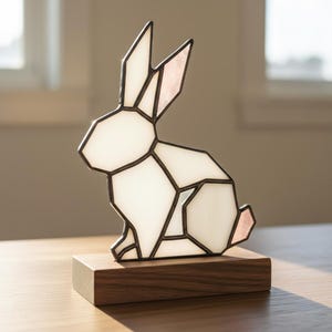 May include: A geometric stained glass rabbit sculpture with white and pink accents, set on a wooden base. The rabbit's form is composed of angular shapes, with black lines defining the edges. The sculpture is a decorative item.