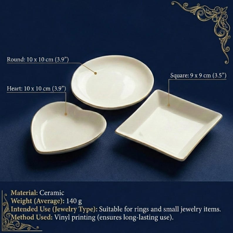 May include: Three ceramic jewelry dishes in heart, round, and square shapes. The heart and round dishes are 3.9 inches across, and the square dish is 3.5 inches across. The dishes are white with gold trim and are suitable for rings and small jewelry items.