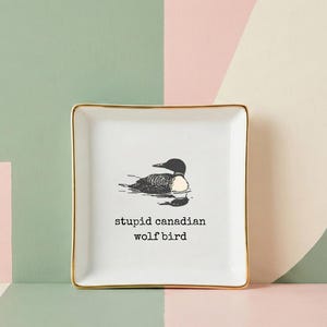 May include: A square white ceramic dish with a gold rim, featuring a black and white illustration of a loon. The text on the dish reads "stupid canadian wolf bird". The background is a mix of pastel colours.