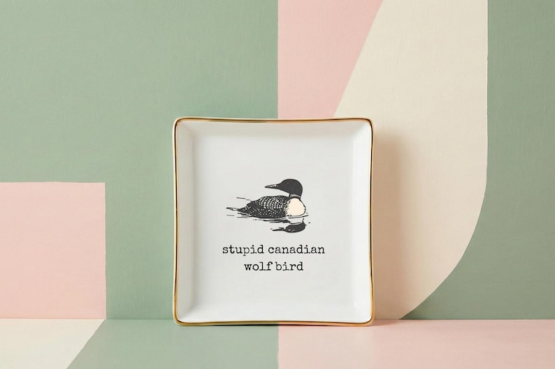 May include: A square white ceramic dish with a gold rim, featuring a black and white illustration of a loon. The text on the dish reads "stupid canadian wolf bird". The background is a mix of pastel colours.