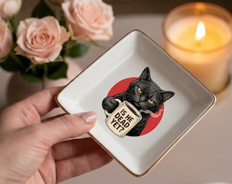 Is He Dead Yet Black Cat Trinket Dish, Funny Political Humor Ring Dish, Anti Trump Protest Gift, Subtle Resistance Jewelry Plate