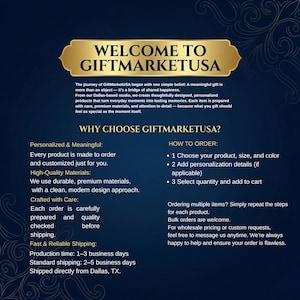 May include: A navy blue graphic with gold text that reads "WELCOME TO GIFTMARKETUSA." The text is on a dark blue background with white text describing the company's values and how to order products.