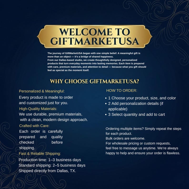 May include: A navy blue graphic with gold text that reads "WELCOME TO GIFTMARKETUSA." The text is on a dark blue background with white text describing the company's values and how to order products.