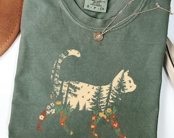 Comfort Colors Boho Cat Plants Shirt: Short & Long Sleeve, Nature Trees Wild Flowers Tees, Women Cat Lovers Tee, Christmas Mom Gift for Her