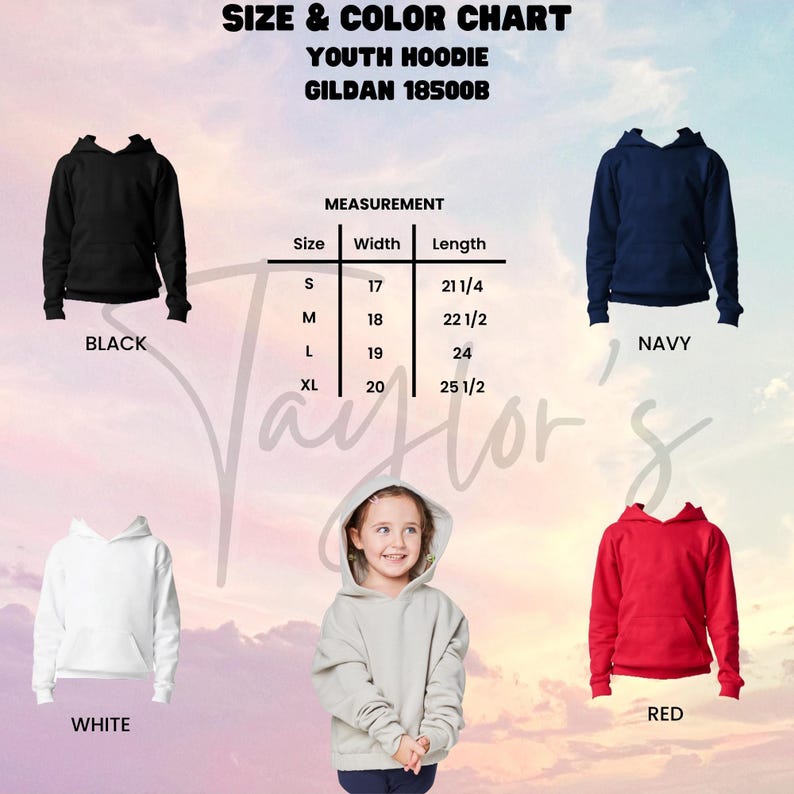 Puede incluir: Una tabla de tallas y colores para sudaderas con capucha juveniles, Gildan 18500B. La tabla muestra sudaderas con capucha negras, azul marino, blancas y rojas. Se proporcionan medidas para las tallas S-XL, con anchos que van de 43,18 a 50,8 cm y largos de 54 a 64,77 cm.