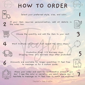 Puede incluir: Un gr&aacute;fico con instrucciones sobre c&oacute;mo realizar un pedido a Taylor's Tee Crafts. Los pasos incluyen seleccionar estilo, tama&ntilde;o y color, agregar detalles de personalizaci&oacute;n, elegir la cantidad y agregar al carrito. El tiempo de producci&oacute;n es de 1 a 3 d&iacute;as h&aacute;biles.