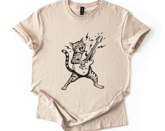 Rock and Roll Cat Shirt Electric Guitar Kitty Tee Funny Music Lover Gift for Him Her Cool Animal Band TShirt Vintage Distressed Graphic
