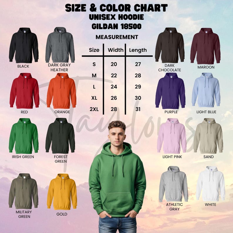 Puede incluir: Una tabla de tallas y colores para sudaderas con capucha unisex, con varios colores como negro, rojo y morado. La tabla incluye medidas en cm para ancho y largo, desde la talla S hasta la 2XL.