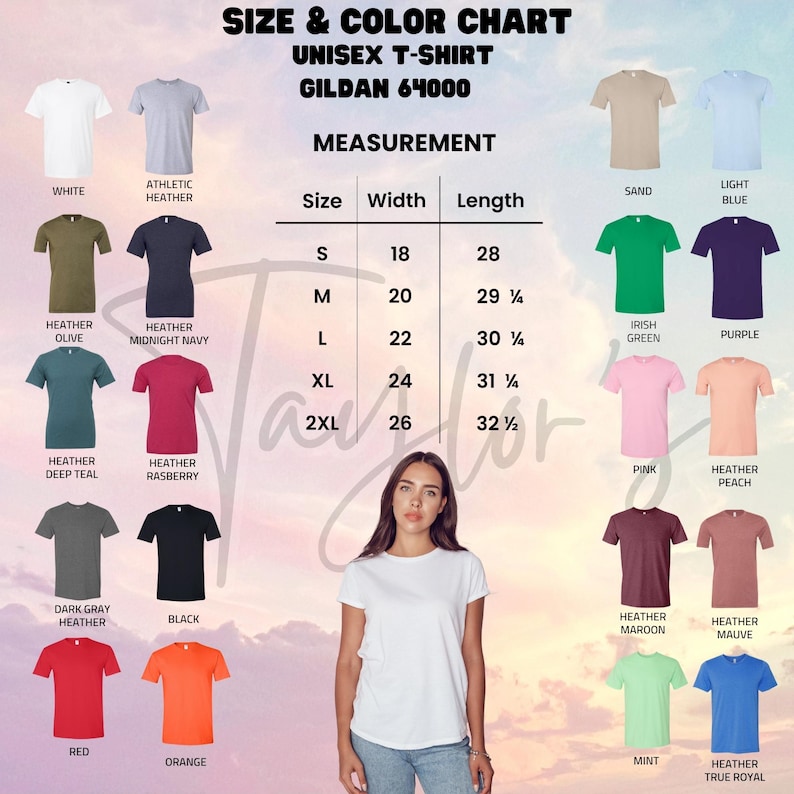 Puede incluir: Tabla de tallas y colores para una camiseta unisex, Gildan 64000. Incluye medidas en pulgadas para las tallas S a 2XL. Presenta una variedad de colores de camisetas, incluyendo blanco, negro y rojo.