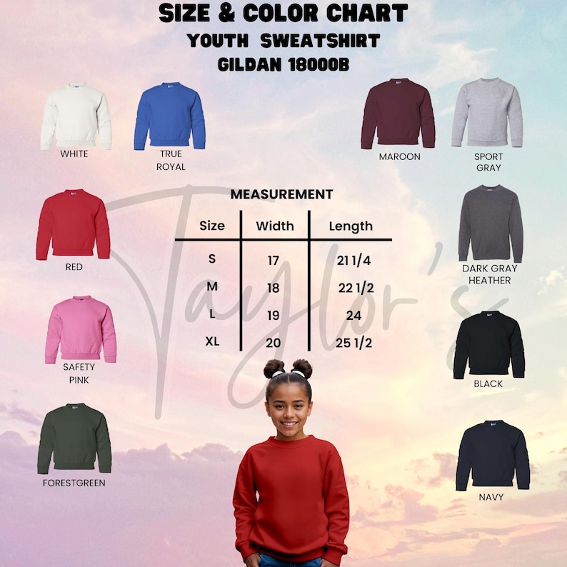 Puede incluir: Una tabla de colores de sudaderas para j&oacute;venes con varios colores, incluyendo blanco, rojo y azul marino. La tabla incluye medidas en cm para el ancho y el largo. El texto "SIZE & COLOR CHART" y "YOUTH SWEATSHIRT" son visibles.
