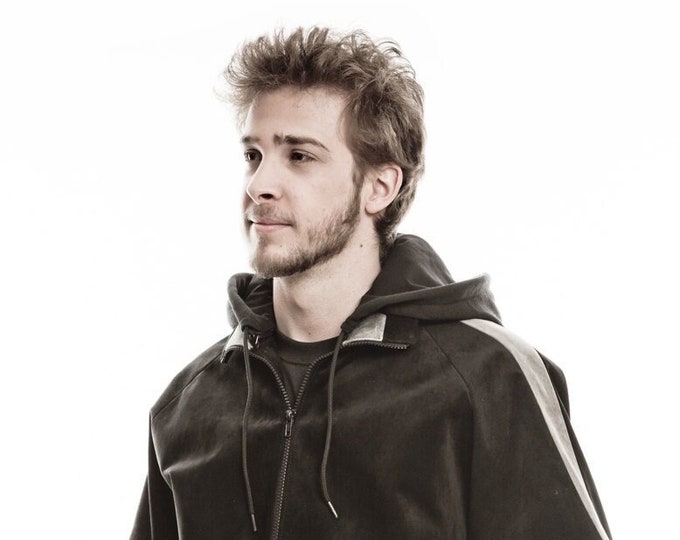 Black and grey suede jacket with hood