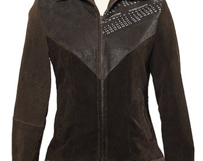 Brown upcycled suede jacket, semi adjusted with zipper for girl.