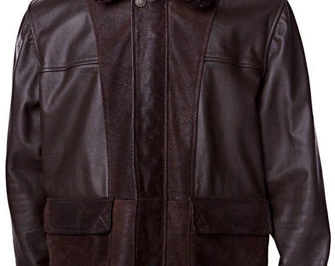 Recycled printed lamb leather and suede jacket.