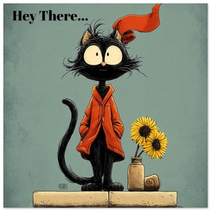 May include: Illustration of a black cat wearing an orange coat, with the text "Hey There...". The cat has large eyes and is standing next to a vase of sunflowers. The background is a muted teal color.