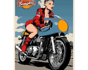 Lámina artística de motociclista: Beth, póster vintage de motocicleta azul