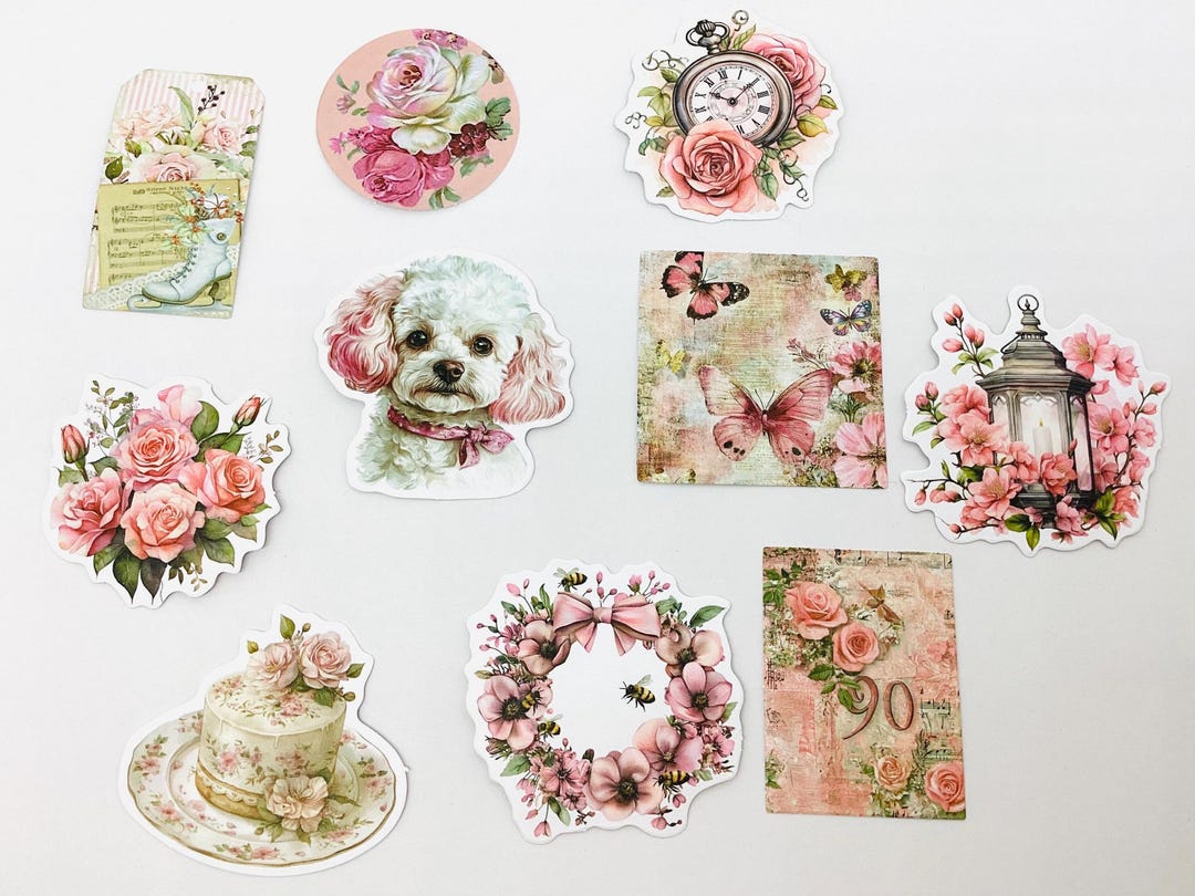 Set of 10 Vintage Pink Stickers, Shabby Chic Style. Ideal for ...