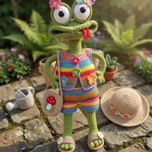 Peut inclure: Une poupée grenouille en crochet vert avec de grands yeux blancs et une langue rouge. Elle porte un gilet et un short rayés arc-en-ciel ornés de petites fleurs en crochet, un sac à bandoulière beige avec un champignon rouge et des sandales.