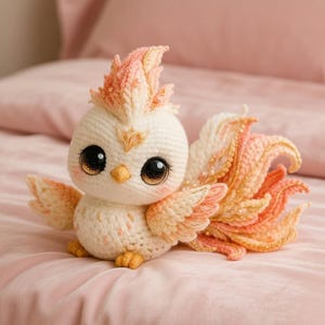 May include: A crocheted phoenix plush toy featuring a cream-colored body with soft pink and orange gradient accents on the crest and tail feathers. The creature has large, dark, glittery eyes, a small yellow beak, and delicate gold thread detailing throughout the yarn.