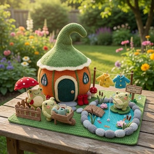 Op de afbeelding: Een gehaakte speelset met een oranje pompoenvormig huisje met een groen dak, twee kleine kikkers, een vijver met een houten bruggetje, een waslijn met twee kleine jasjes, een kruiwagen en een bordje met de tekst Rainy Pond Home.