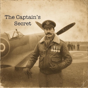 May include: Sepia-toned image featuring a man in a vintage aviator jacket, cap, and medals, standing in front of a World War II-era airplane. The text "The Captain's Secret" is displayed at the top. The man holds a pipe and wears gloves.