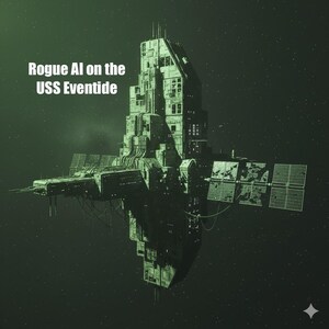 May include: A digital illustration of a futuristic space station, rendered in shades of green against a dark background. The text "Rogue AI on the USS Eventide" is displayed prominently. The station features multiple structures, solar panels, and intricate detailing.