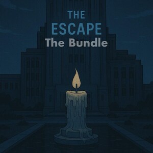 May include: Illustration of a lit candle in front of a building at night. The text "THE ESCAPE The Bundle" is displayed in blue and white. The candle has a yellow flame and is surrounded by a pool of water.