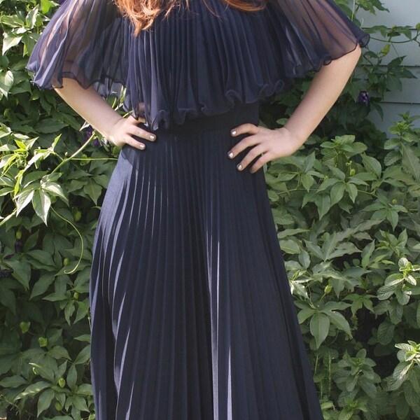 Vintage Duke Blue Accordion Pleat Maxi Dress w Sheer Cape Collar - S