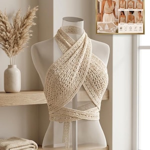 May include: A beige crochet halter top with a crisscross front design displayed on a mannequin. The image includes text reading CROCHET PATTERN PDF - Instant Digital Download and a small inset showing multiple ways to wear the garment.
