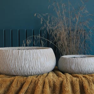 May include: Two textured, off-white, round planters of different sizes. The planters have a rough, vertical-lined surface. They sit on a gold-coloured, textured surface against a teal-coloured wall.