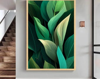 Impresión en lienzo de hojas tropicales, arte mural botánico, listo para colgar, lienzo grande, pieza llamativa de gran tamaño.