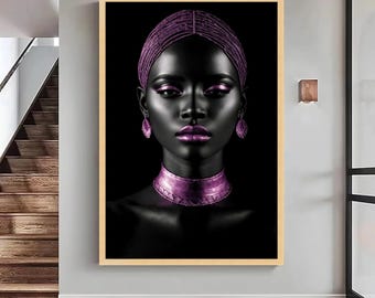 African Woman Portrait Canvas, Black & Purple Art, Ethnic Home Decor, Large Canvas Wall Art, Oversized Statement Piece