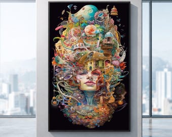 Surreal Woman Face Canvas Art, Whimsical Cityscape Portrait, Abstract Home Decor, Large Canvas Wall Art, Oversized Statement Piece