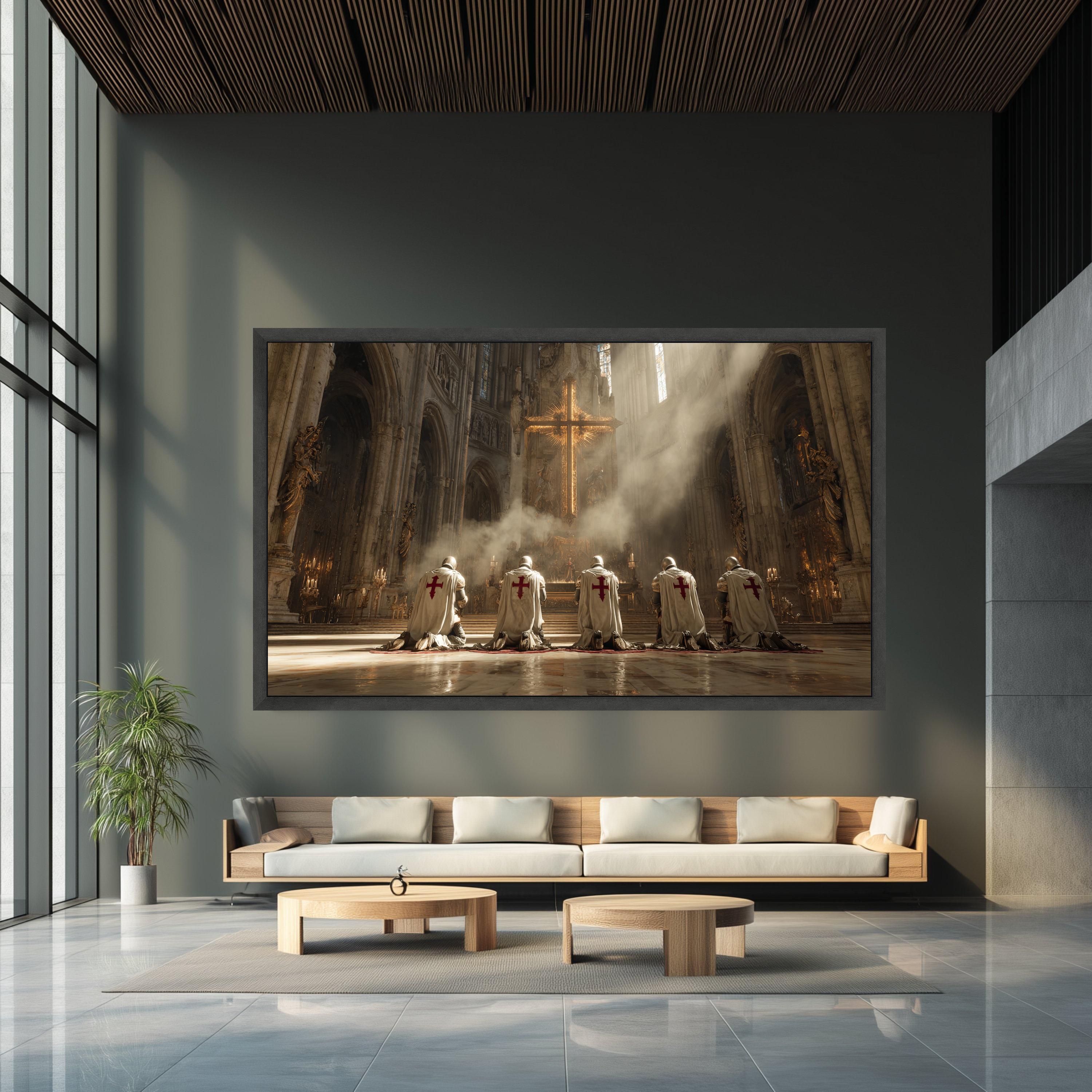Medieval Knights Kneeling in Cathedral, Religious Cross Canvas ...