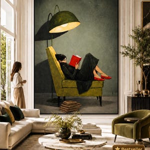 Cozy Reading Moment Canvas, Woman on Green Chair Art, Red Shoes Wall Decor, Buchliebhaber - Book Lover Art, Oversized Statement Piece