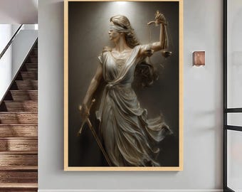 Lady Justice Canvas Art, Blindfolded Woman Sculpture Print, Courtroom Decor, Large Canvas Wall Art, Oversized Statement Piece