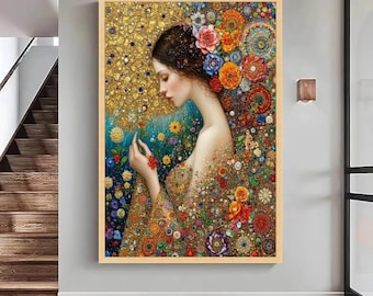 Klimt Style Woman Floral Canvas Print, Gold Leaf Decorative Art, Large Canvas Wall Art, Oversized Statement Piece