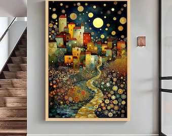 Klimt Inspired Night Village Canvas Art, Golden Moonlight Townscape, Large Canvas Wall Art, Oversized Statement Piece