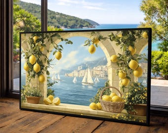 Impression sur toile arche citron méditerranéen, art côtier de la mer, grande toile d'art murale, pièce surdimensionnée