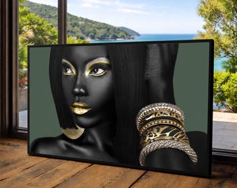 Black and Gold African Woman Portrait, Glam Art Canvas, Large Canvas Wall Art, Oversized Statement Piece