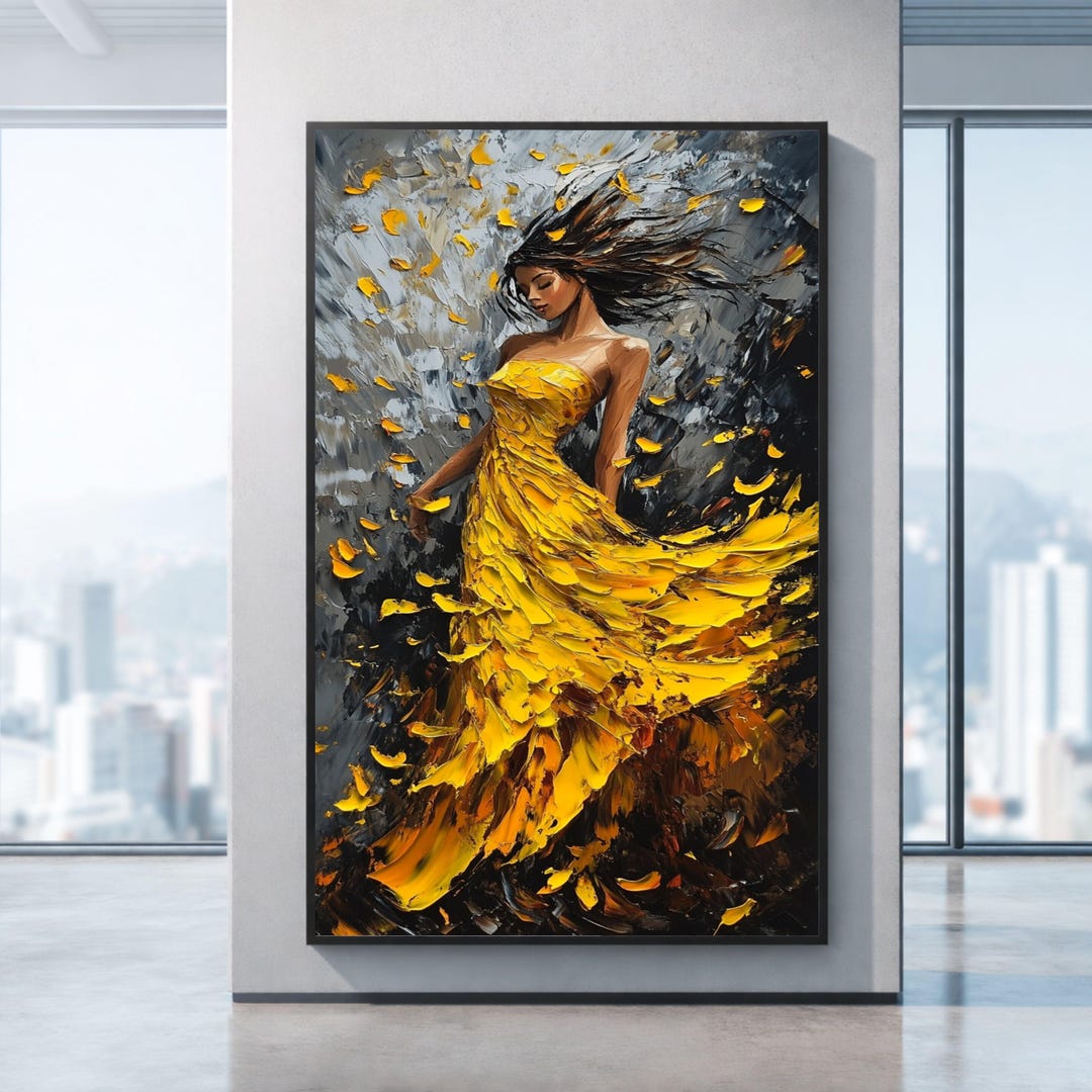Woman in Yellow Dress Canvas Print, Abstract Impasto Portrait, Modern ...