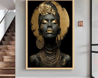 Black and Gold African Queen Canvas Print, Elegant Ethnic Wall Art, Large Canvas Wall Art, Oversized Statement Piece