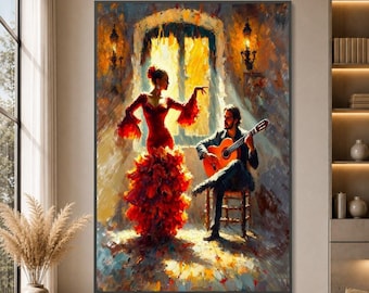 May include: An oil painting depicting a person in a vibrant red ruffled dress dancing with arms raised, while another person sits on a wooden chair playing an acoustic guitar. The scene is set before a bright window with warm yellow light.